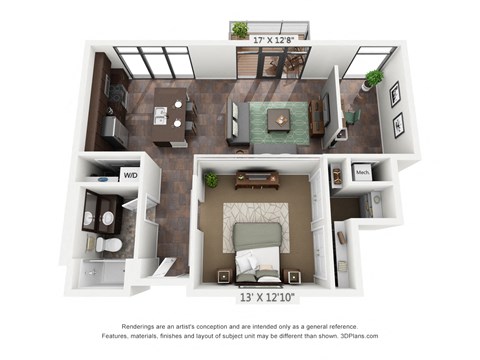 Floor plan for 1 bed, 1 bath, 840 sqft